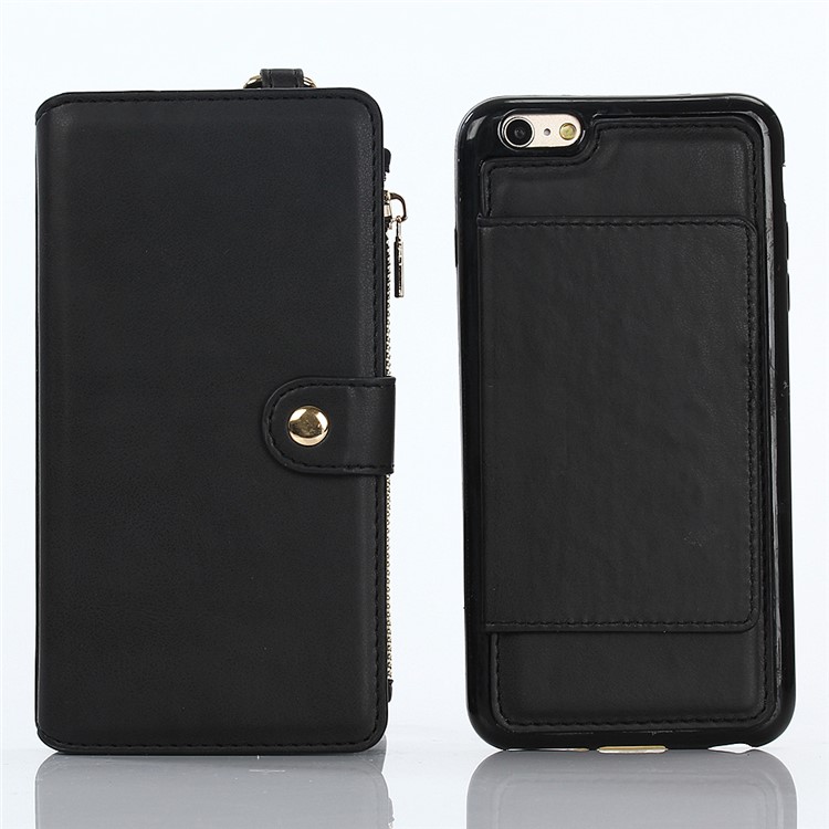 2-in-1 Button Closure Zippered Crazy Horse Matte Wallet Leather Case for iPhone 6s 6 - Black-4
