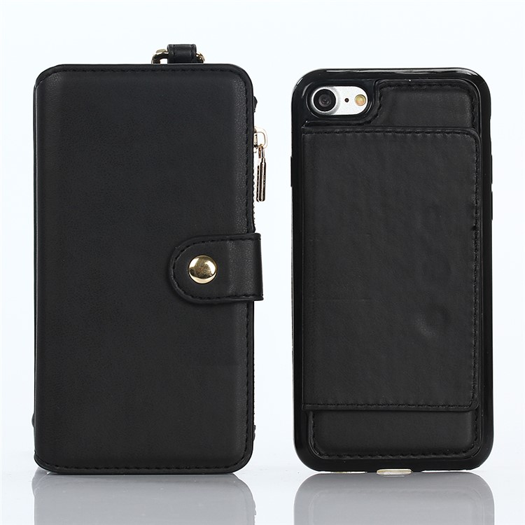 2-in-1 Button Closure Zippered Crazy Horse Matte Wallet Leather Case for iPhone 7 4.7 inch - Black-4