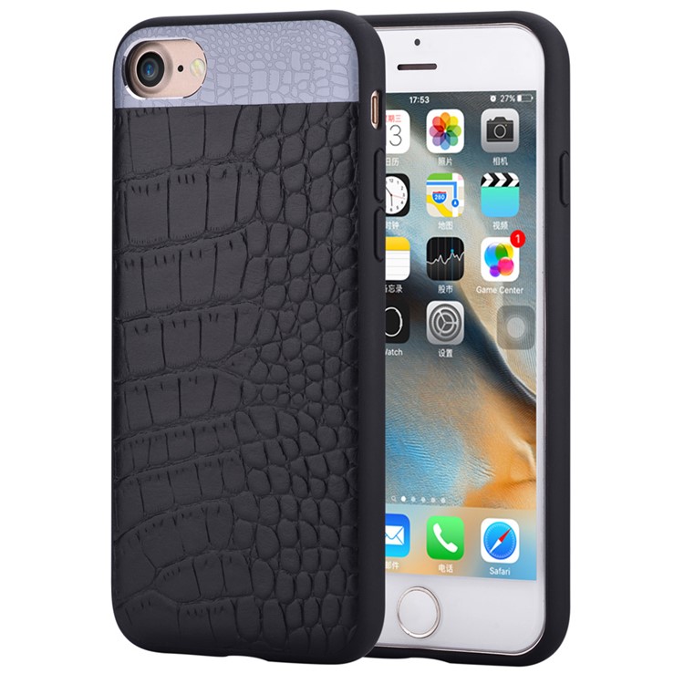 COMMA for iPhone 7 4.7 Crocodile Texture Genuine Leather Coated PC TPU Hybrid Mobile Casing - Black-1