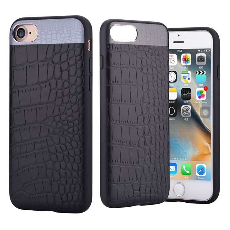 COMMA for iPhone 7 4.7 Crocodile Texture Genuine Leather Coated PC TPU Hybrid Mobile Casing - Black-2