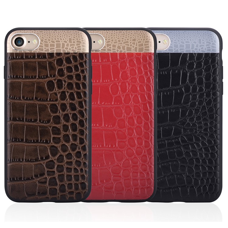 COMMA for iPhone 7 4.7 Crocodile Texture Genuine Leather Coated PC TPU Hybrid Mobile Casing - Black-8