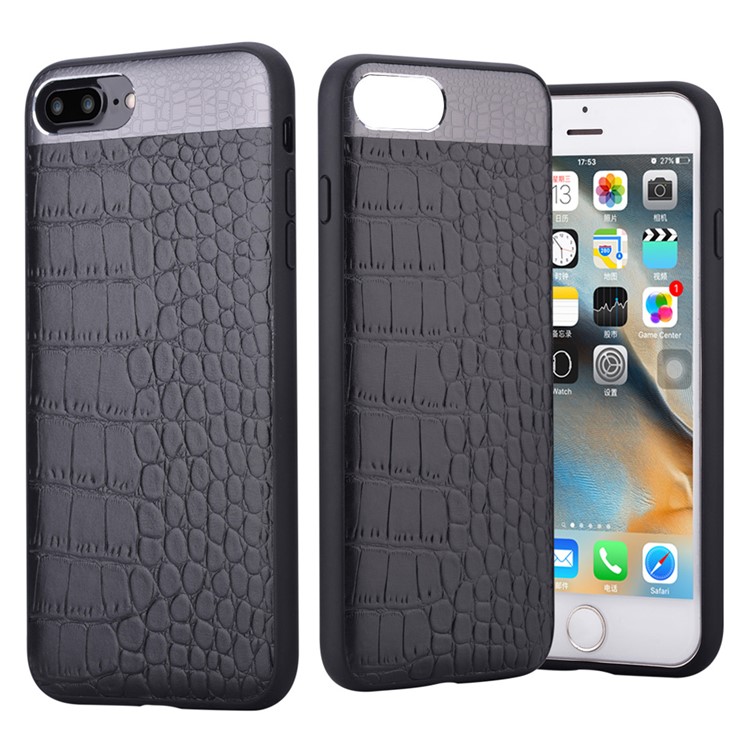 COMMA for iPhone 7 Plus Crocodile Texture Genuine Leather Coated PC TPU Hybrid Back Case - Black-1