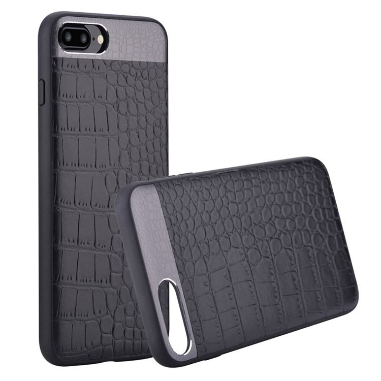 COMMA for iPhone 7 Plus Crocodile Texture Genuine Leather Coated PC TPU Hybrid Back Case - Black-3