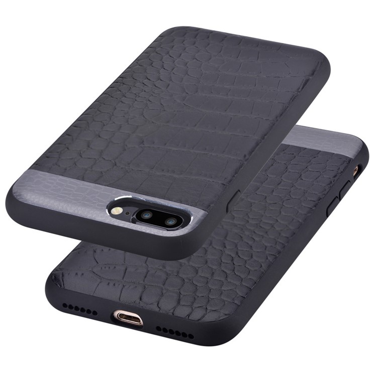 COMMA for iPhone 7 Plus Crocodile Texture Genuine Leather Coated PC TPU Hybrid Back Case - Black-4