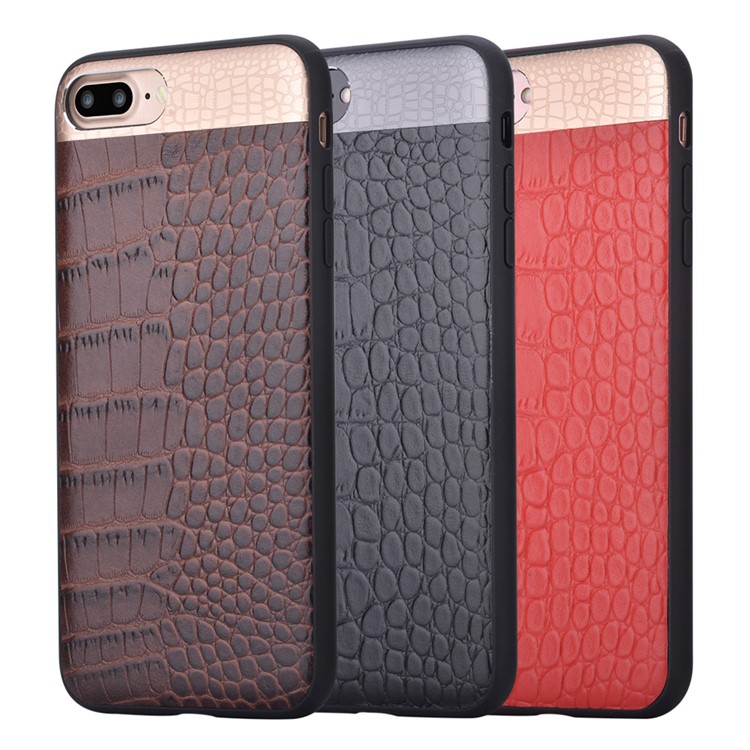 COMMA for iPhone 7 Plus Crocodile Texture Genuine Leather Coated PC TPU Hybrid Back Case - Black-9