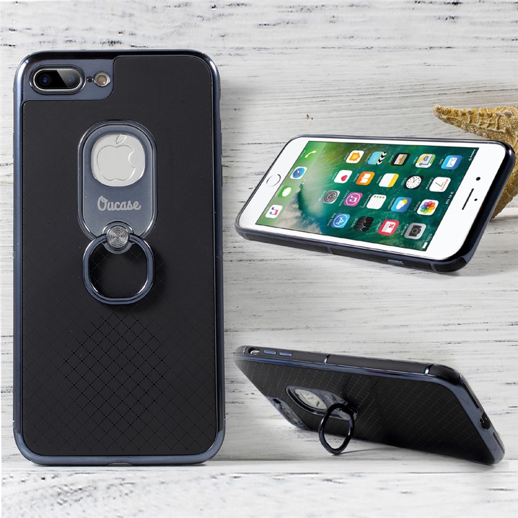 OUCASE Ring Holder Kickstand Electroplated Phone Case for iPhone 7 Plus 5.5 (PC + TPU ) - Black / Tarnish-1