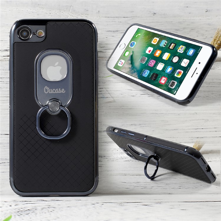 OUCASE Ring Holder Kickstand Electroplated Phone Case for iPhone 7 4.7 (PC + TPU ) - Black / Tarnish-1