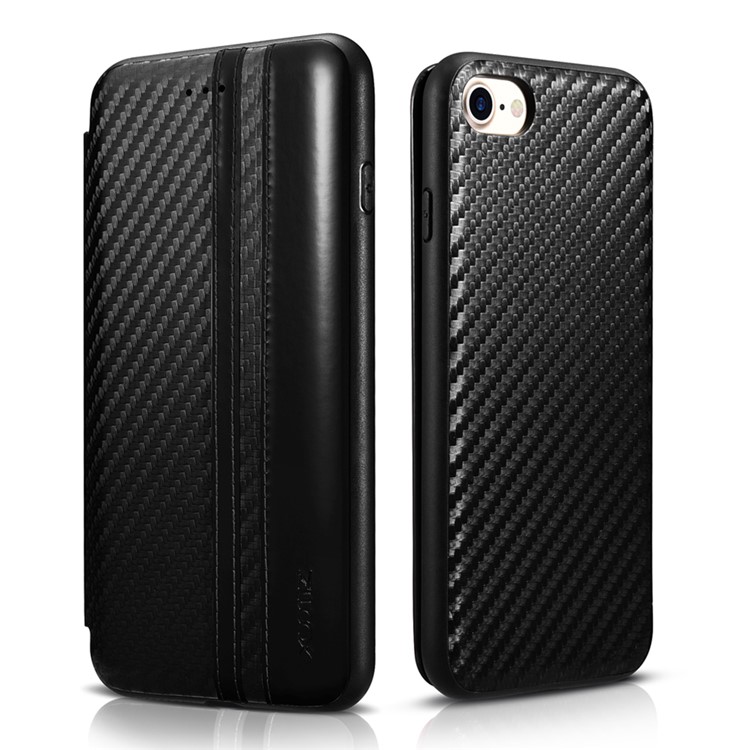 XOOMZ for iPhone 7 Carbon Fiber Fabric Flip Phone Case with Card Slot - Black-1