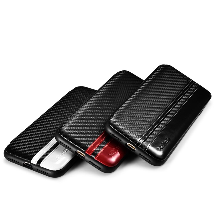 XOOMZ for iPhone 7 Carbon Fiber Fabric Flip Phone Case with Card Slot - Black-2