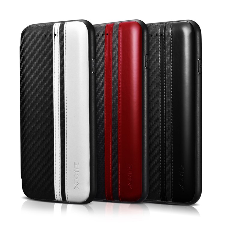XOOMZ for iPhone 7 Carbon Fiber Fabric Flip Phone Case with Card Slot - Black-3
