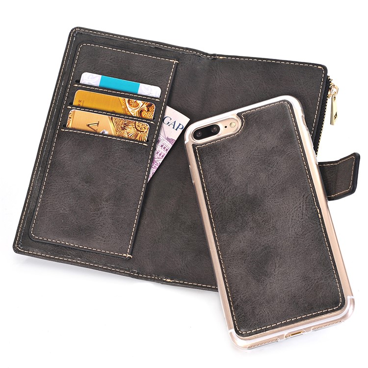 Retro Zipper Wallet Leather Cell Phone Case with Detachable TPU Back Cover for iPhone 7 Plus - Black-1