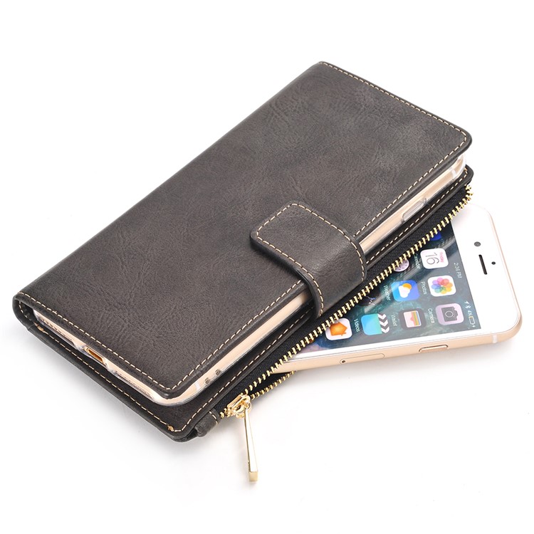 Retro Zipper Wallet Leather Cell Phone Case with Detachable TPU Back Cover for iPhone 7 Plus - Black-4