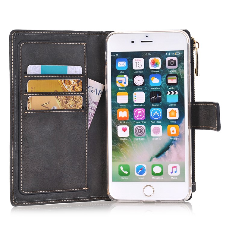 Retro Zipper Wallet Leather Cell Phone Case with Detachable TPU Back Cover for iPhone 7 Plus - Black-8