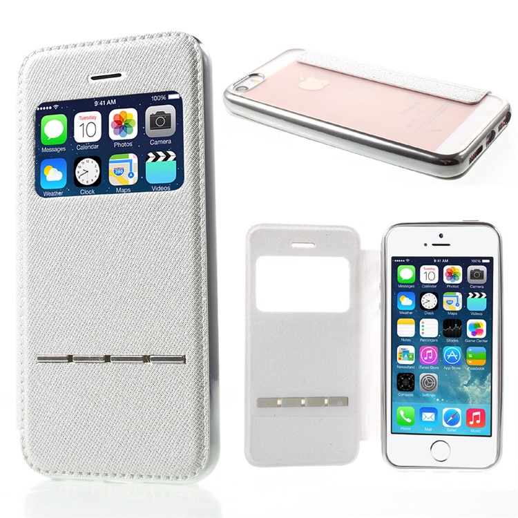 Slide to Answer Plated Folio Leather Phone Case for iPhone SE/5s/5 with View Window - White-1