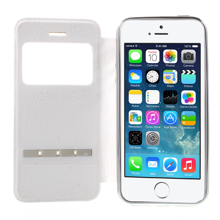 Slide to Answer Plated Folio Leather Phone Case for iPhone SE/5s/5 with View Window - White-5