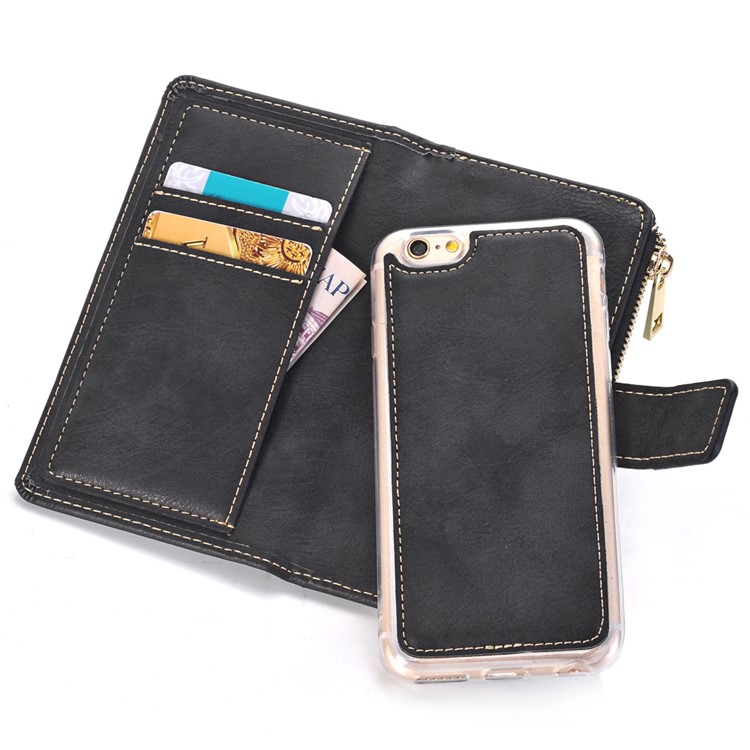 Detachable 2-In-1 Matte Leather Zip Wallet Mobile Case for iPhone 6s Plus/6 Plus - Black-1