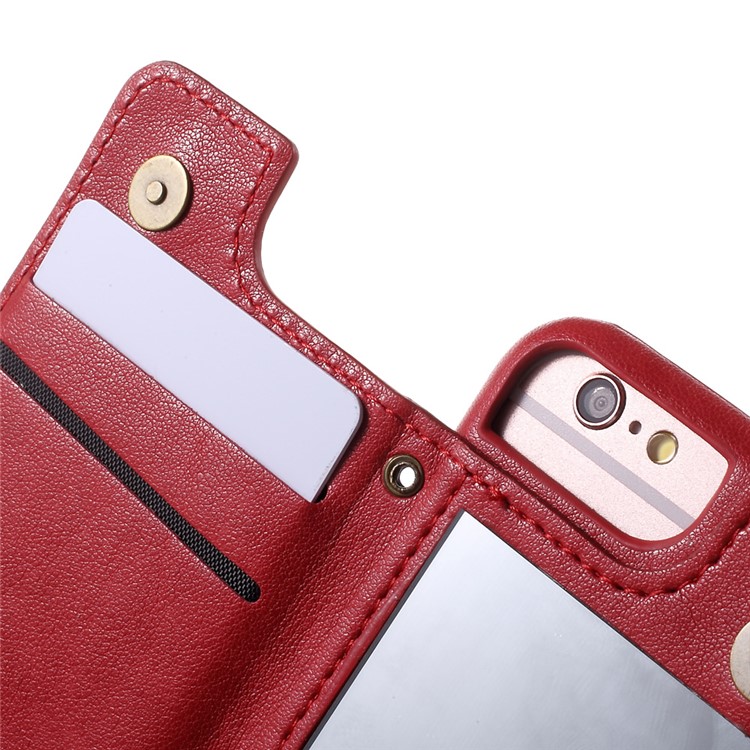 Leather Coated PC Kickstand Back Case with Card Slots and Makeup Mirror for iPhone 6s 6 - Red-7