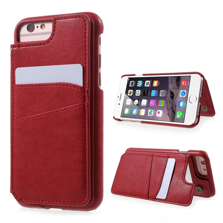 Leather Coated PC Kickstand Back Case with Card Slots and Mirror for iPhone 6s Plus / 6 Plus - Red-1