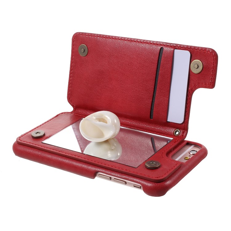 Leather Coated PC Kickstand Back Case with Card Slots and Mirror for iPhone 6s Plus / 6 Plus - Red-6