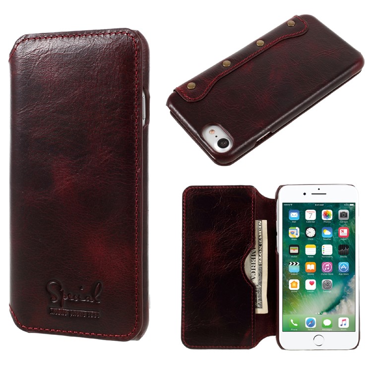 Genuine Leather Mobile Phone Case with Cash Pocket for iPhone 7 4.7 inch - Wine Red-1