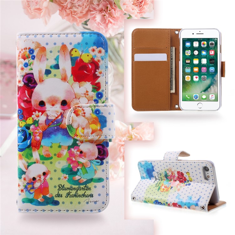 JIANG Cartoon Pattern Printing Wallet Leather Phone Cover for iPhone 7 4.7 inch - Pink Rabbit-1