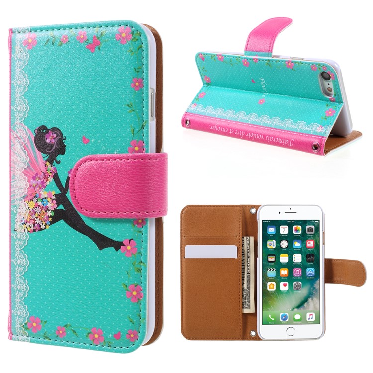 JIANG Cartoon Pattern Printing Wallet Leather Phone Cover for iPhone 7 4.7 inch - Butterfly Fairy and Blue Background-1