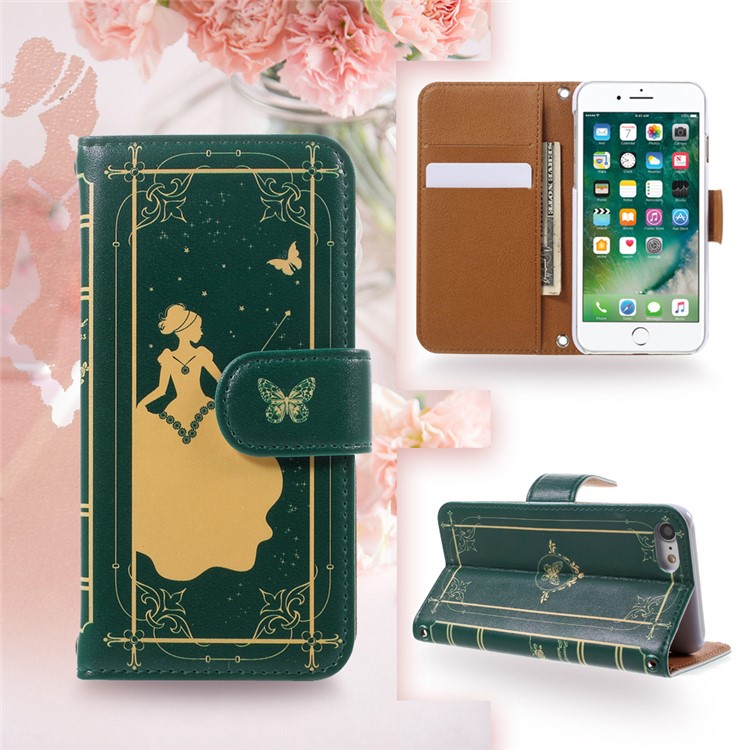 JIANG Cartoon Fairy Tale Pattern Wallet Leather Mobile Phone Cover for iPhone 7 4.7 inch - Green / Fairy-1