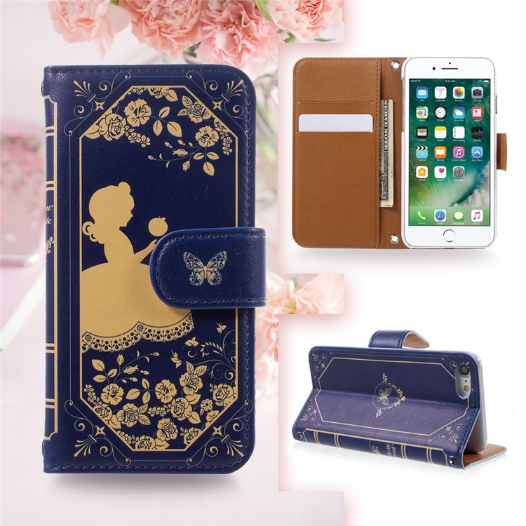 JIANG for iPhone 7 Cartoon Fairy Tale Pattern Wallet Leather Case with Stand - Blue / Girl with the Apple-1