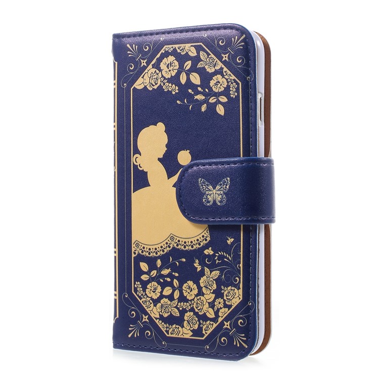 JIANG for iPhone 7 Cartoon Fairy Tale Pattern Wallet Leather Case with Stand - Blue / Girl with the Apple-2