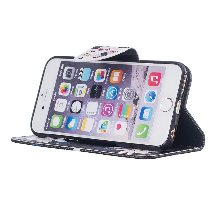 Hübscher Muster-Druck-Mappen-Leder-schützender Kasten für iPhone 6s 6 4.7 - Reizend Blumen / Schwarzes-4