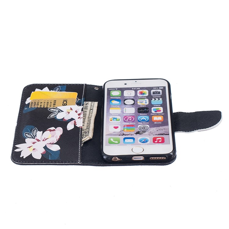 Hübscher Muster-Druck-Mappen-Leder-schützender Kasten für iPhone 6s 6 4.7 - Reizend Blumen / Schwarzes-8