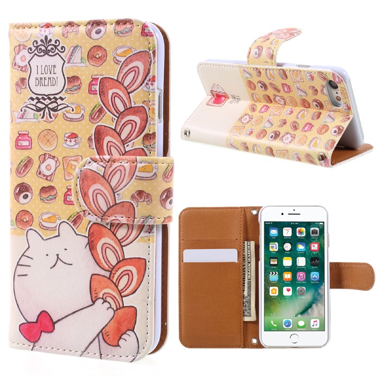 JIANG Cartoon Pattern Printing Wallet Leather Phone Cover for iPhone 7 4.7 inch - Cat and Food-1