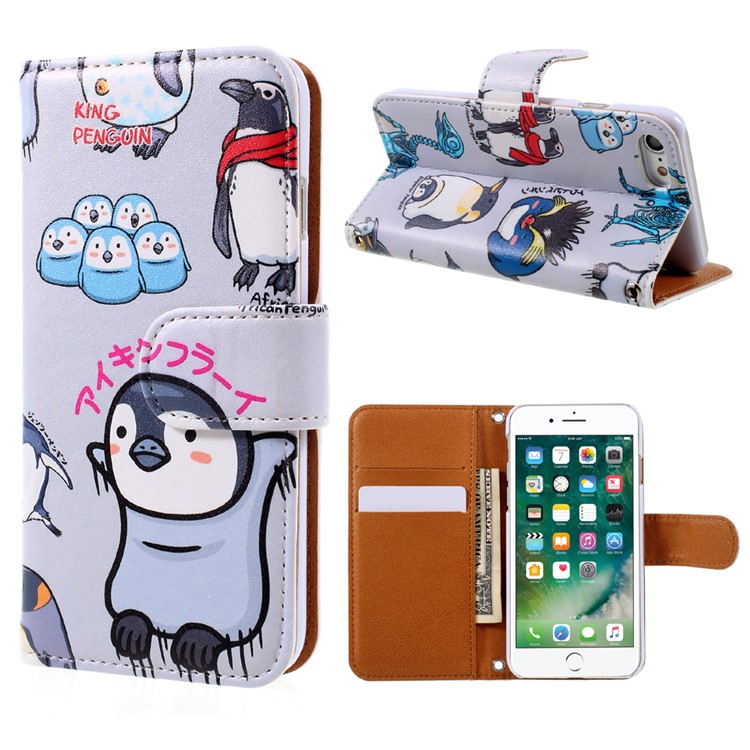 JIANG Cartoon Pattern Wallet Leather Cell Phone Case for iPhone 7 4.7 inch - Penguin Family-1