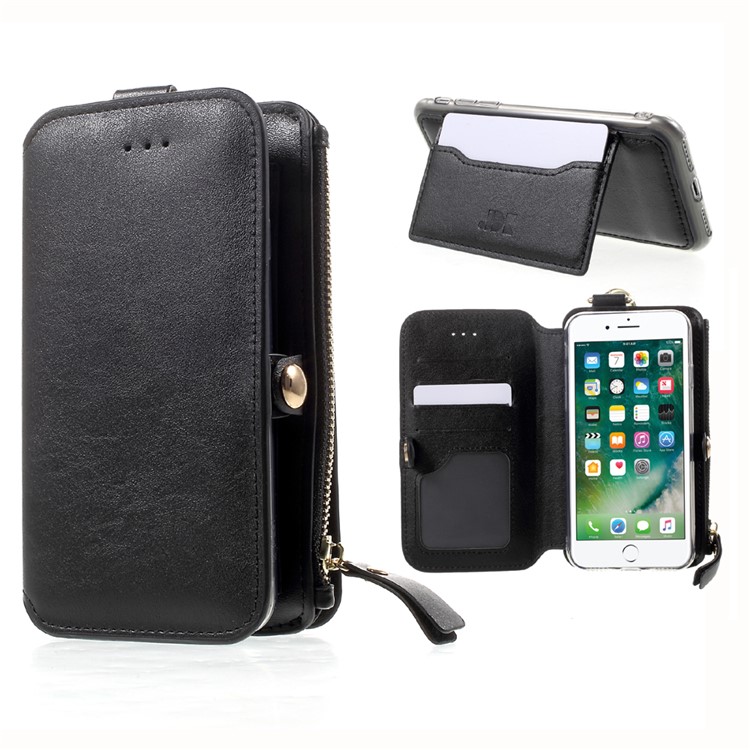 2-in-1 Button Closure Zippered Wallet Leather Cell Phone Case with Metal Ring for iPhone 7 4.7 inch - Black-1