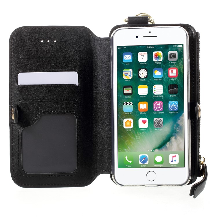 2-in-1 Button Closure Zippered Wallet Leather Cell Phone Case with Metal Ring for iPhone 7 4.7 inch - Black-3