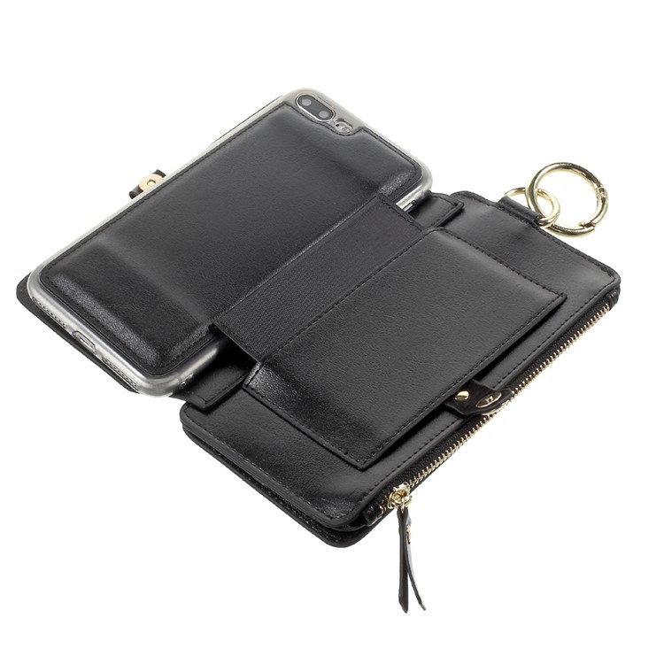 2-in-1 Button Closure Zippered Wallet Leather Mobile Case with Metal Ring for iPhone 7 Plus 5.5 - Black-9