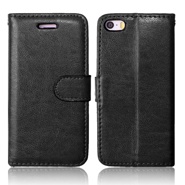 Crazy Horse Wallet Leather Stand Case for iPhone SE/5s/5 - Black-1