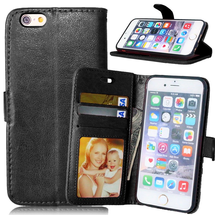 Crazy Horse Folio Wallet Case with Card Holder for iPhone 6s 6 - Black-1