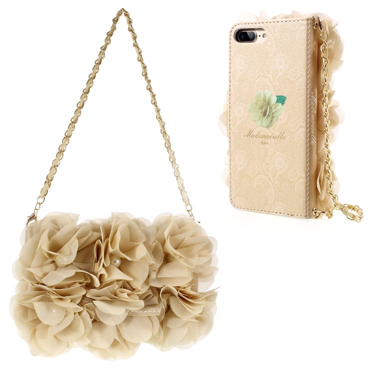 3D Roses Decor Leather Wallet Phone Case with Gold Handy Lanyard for iPhone 7 Plus 5.5 inch - Beige-1