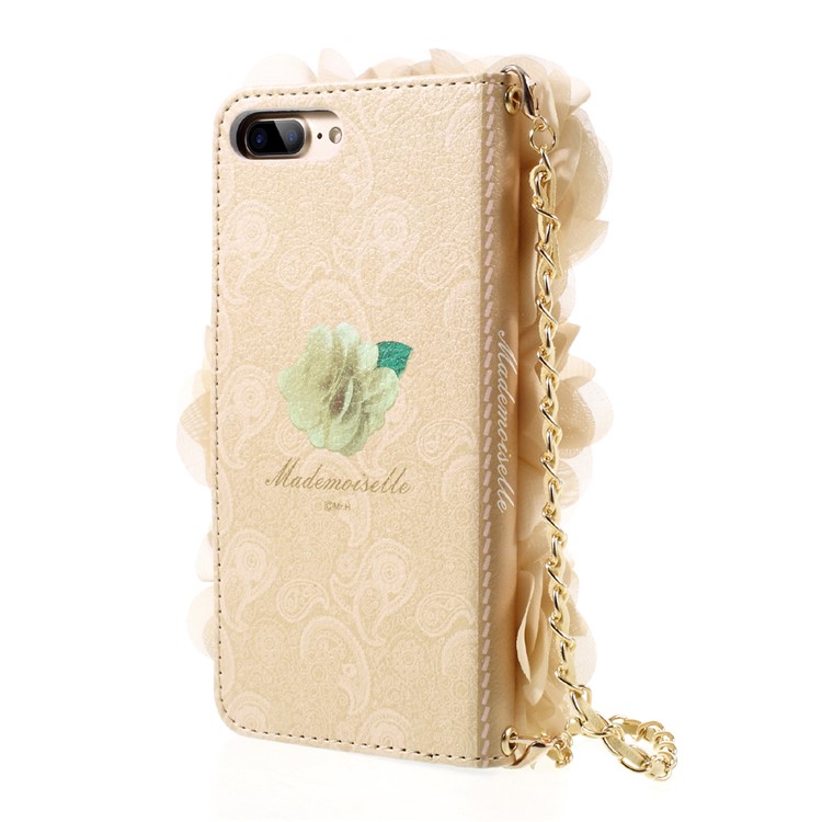 3D Roses Decor Leather Wallet Phone Case with Gold Handy Lanyard for iPhone 7 Plus 5.5 inch - Beige-4