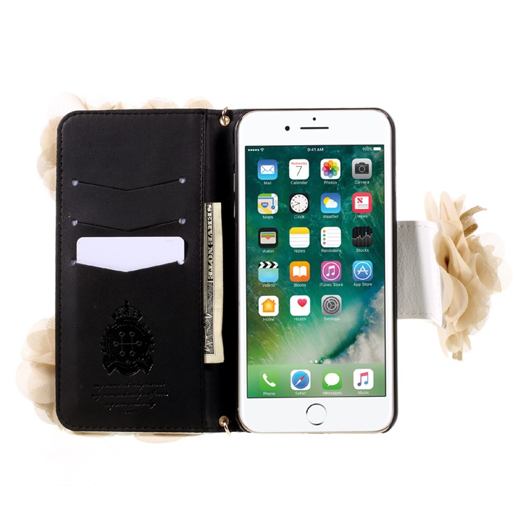 3D Roses Decor Leather Wallet Phone Case with Gold Handy Lanyard for iPhone 7 Plus 5.5 inch - Beige-5