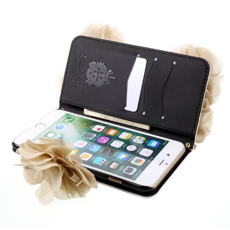 3D Roses Decor Leather Wallet Phone Case with Gold Handy Lanyard for iPhone 7 Plus 5.5 inch - Beige-7
