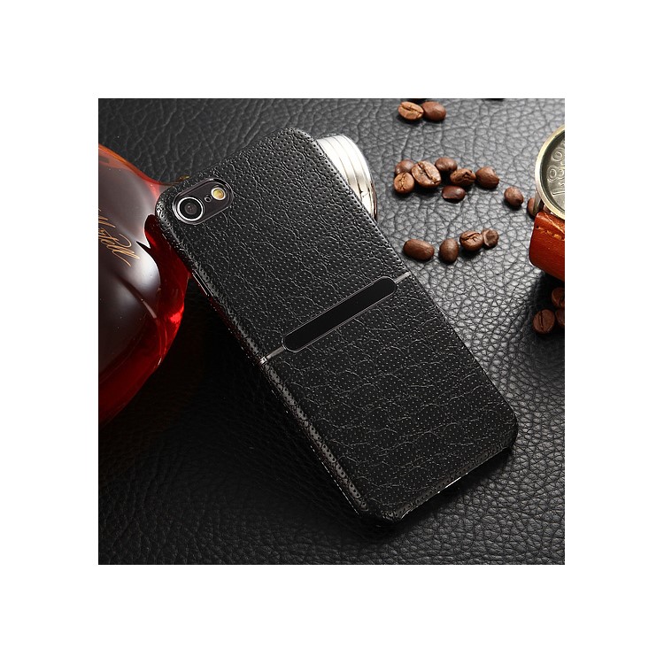 HOCAR Mesh Texture Genuine Leather Coated PC Back Case for iPhone 7 4.7 with Plated Edges - Black-1