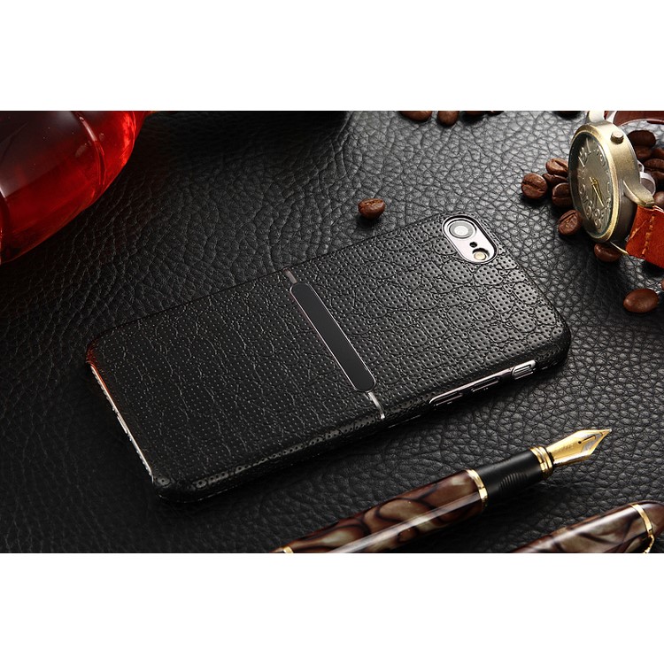 HOCAR Mesh Texture Genuine Leather Coated PC Back Case for iPhone 7 4.7 with Plated Edges - Black-3