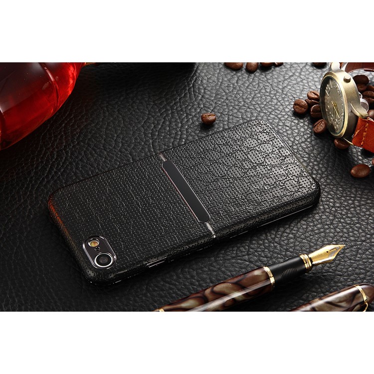 HOCAR Mesh Texture Genuine Leather Coated PC Back Case for iPhone 7 4.7 with Plated Edges - Black-4