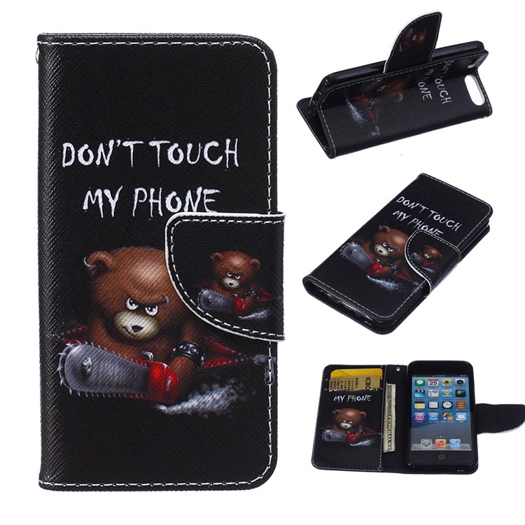 Patterned Leather Wallet Phone Stand Case for iPod Touch 6/5 - Bear and Warning-1