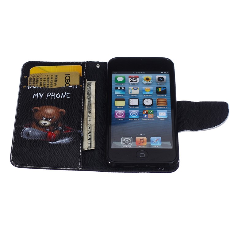 Patterned Leather Wallet Phone Stand Case for iPod Touch 6/5 - Bear and Warning-5