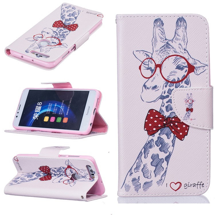 Stand Leather Wallet Case para Huawei Honra 8 - Giraffe Wearing Glasses-1