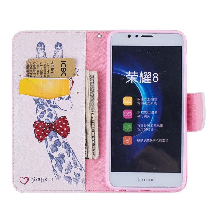 Stand Leather Wallet Case para Huawei Honra 8 - Giraffe Wearing Glasses-8
