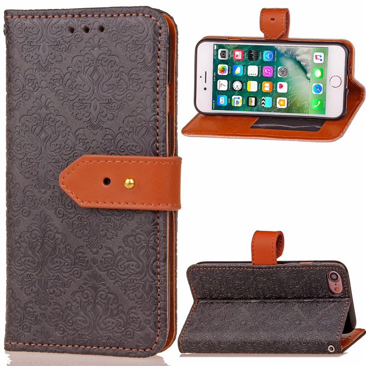 Embossed Damask Pattern Leather Wallet Stand Case for iPhone 7 4.7-inch - Black-1